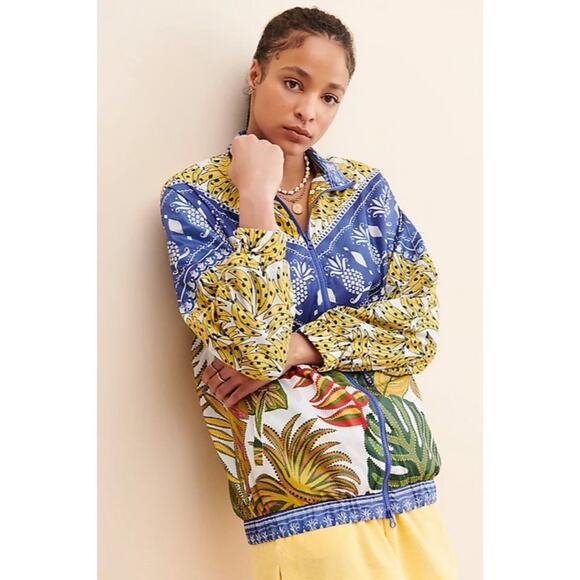 Farm Rio Anthropologie Spotted Leaves Bananas Windbreaker Mixed Print Size L - Picture 1 of 11
